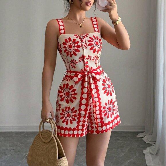 Pants - Orange Boho Women's Print Floral Sleeveless Jumpsuit